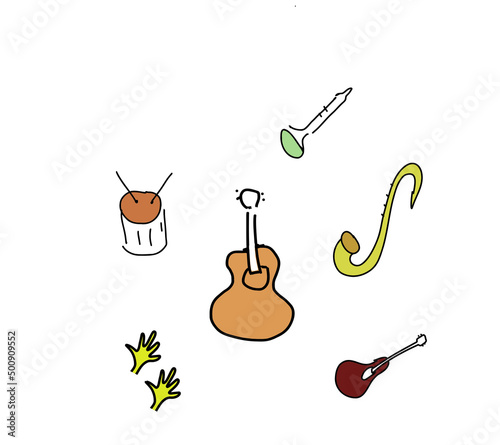 set of musical instruments isolated on white background with guitar saxophone drums tube violin hands applause  photo