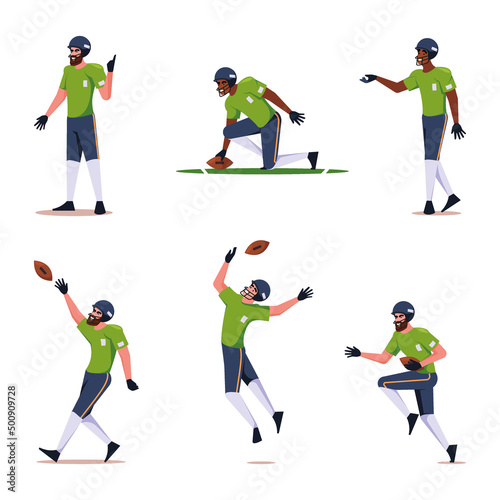 Rugby. Sport active soccer and rugby american football players national tournament garish vector cartoon characters