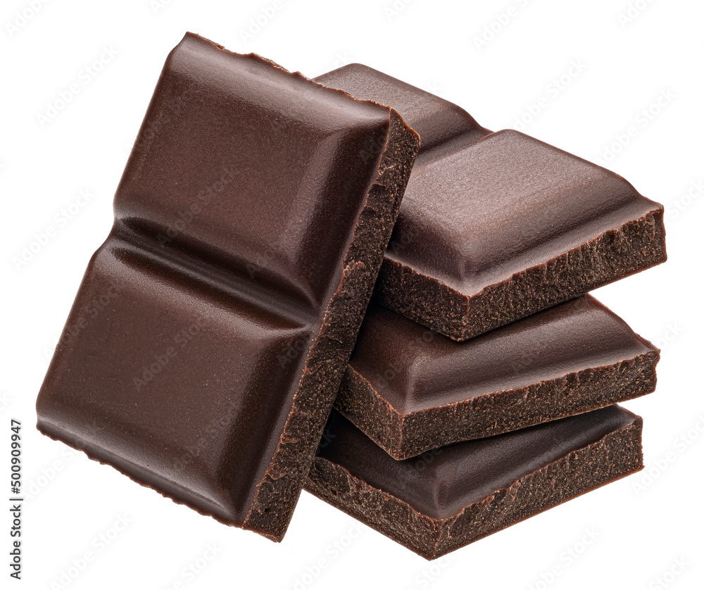 Chocolate pieces stack isolated on white background, full depth of field Chocolate pieces stack isolated on white background, full depth of field