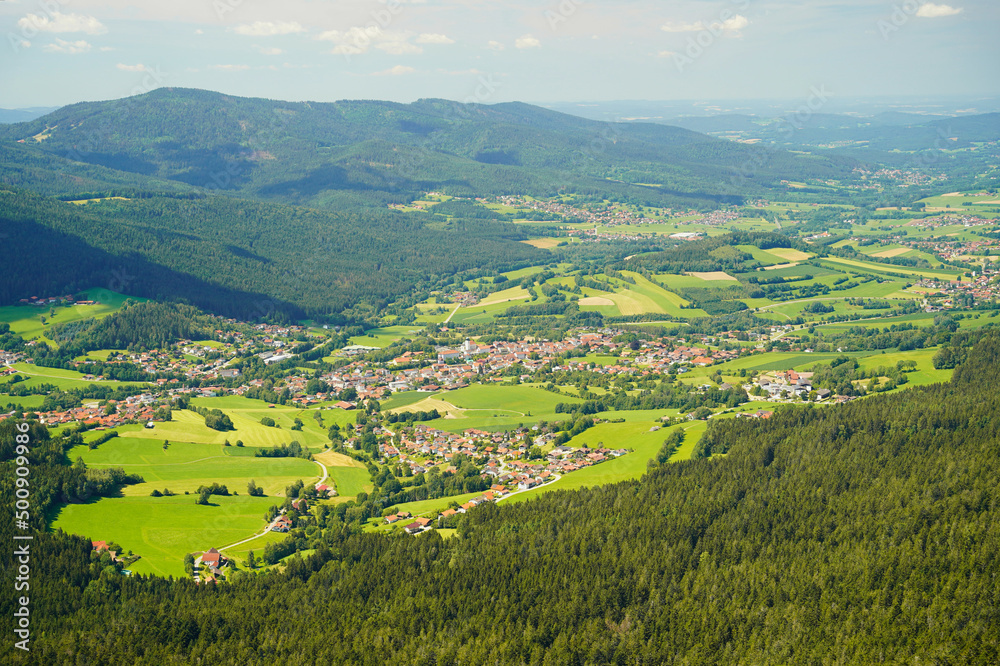 View from mount Osser to Lam, a small town in the Bavarian Forest.