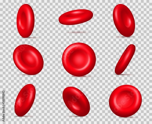 Realistic red blood cells. 3D erythrocyte molecules. Hemoglobin microscopic particles. Different view angles. Coagulation and oxygen transportation. Vector circulatory corpuscles set