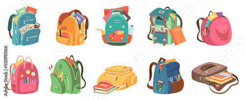 Schoolbags. Full kids students rucksack colorful bags with various education stuff exact vector illustration set