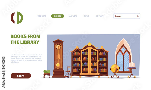 Library landing. Vintage furniture for library books collection garish vector web page template