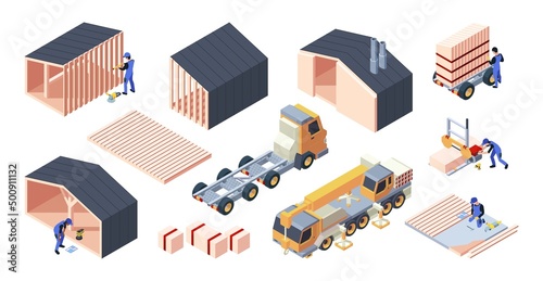 Modular houses. Real estate building isometric pictures garish vector template of construction processes yellow vehicles