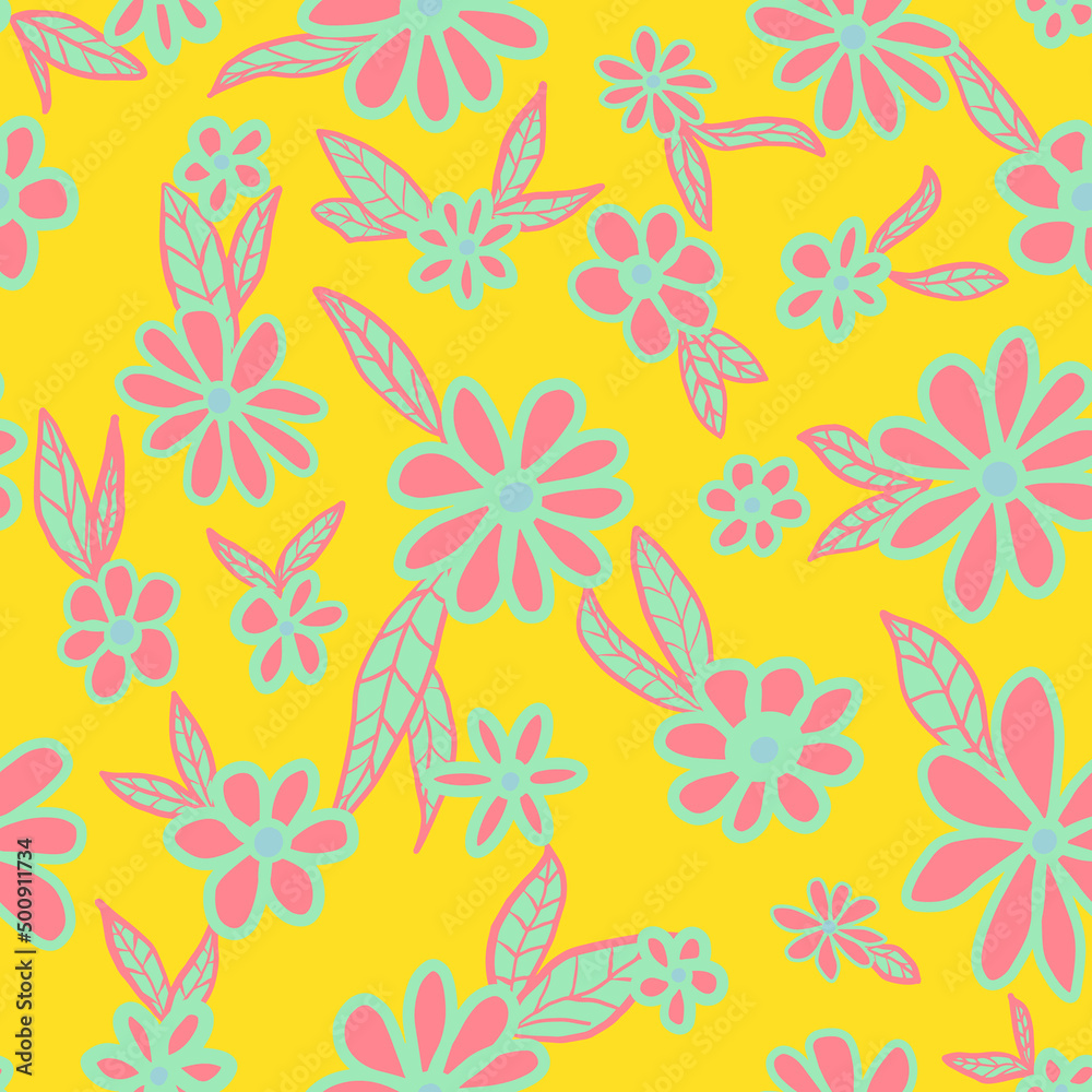 Retro flowers with leaves seamless repeat pattern. Random placed, vector florals all over surface print on yellow background.