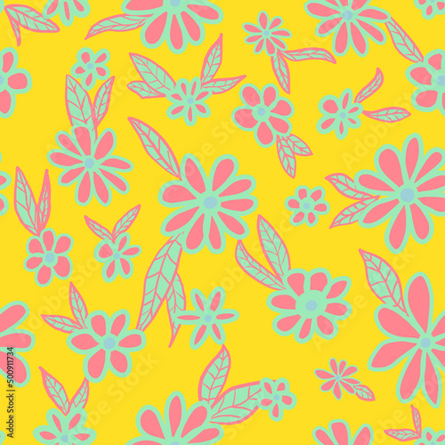 Retro flowers with leaves seamless repeat pattern. Random placed  vector florals all over surface print on yellow background.