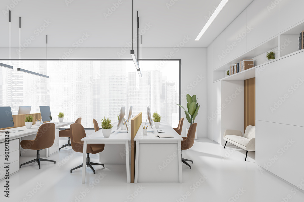 Fototapeta premium Side view on bright office interior with tables with desktops