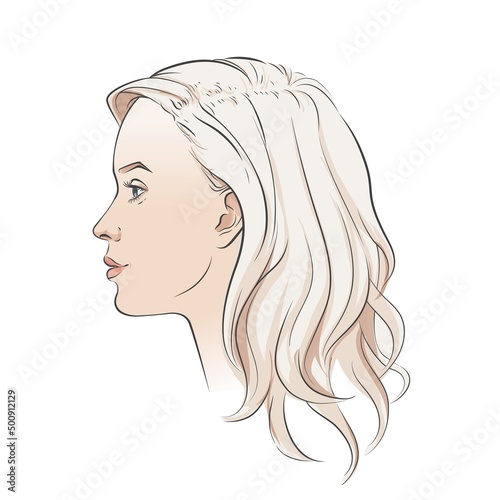 Woman face. Young beautiful girl with curly long wavy hair curls. Volume, haircut, hairdressing, hairstyle. Care and beauty. Vector Black and white line sketch illustration portrait.