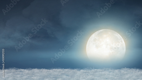 Beautiful realistic flight over cumulus lush clouds in the night moonlight