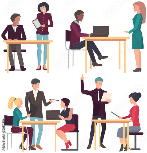 Businesspeople have project strategy planning meeting. Teamwork with business plan, creating new creative project. Meeting to discuss starting business. Colleagues discussing work in entrepreneurship