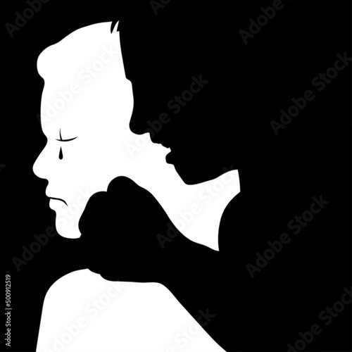 Abusive angry man and crying woman. Stop domestic violence