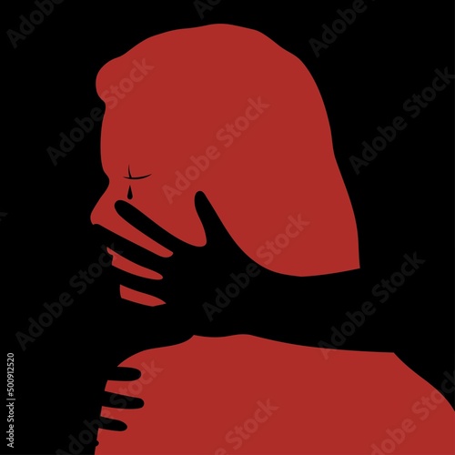 Crying woman and hands. Stop domestic violence