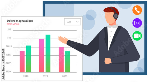 Online conference, business strategy planning concept. Man giving presentation of report results via video call. Businessman shows statistical indicators and data on diagram, infographic chart