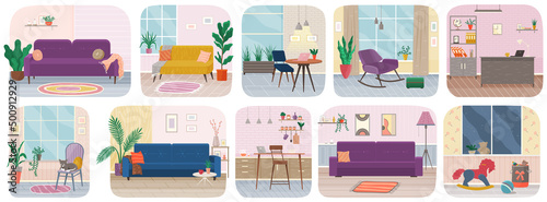Set of illustrations on theme of interior design decoration and layout of living room. Arrangement of furniture and installation of sofa at home with various accessories in kitchen and sitting-room