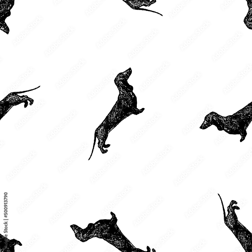 Seamless background of silhouettes drawn funny dachshunds