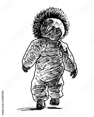 Hand drawing of baby in hooded overalls walking outdoors