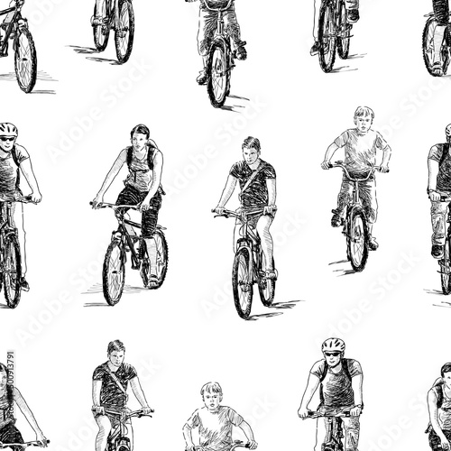 Seamless background of sketches of various cyclists riding forward