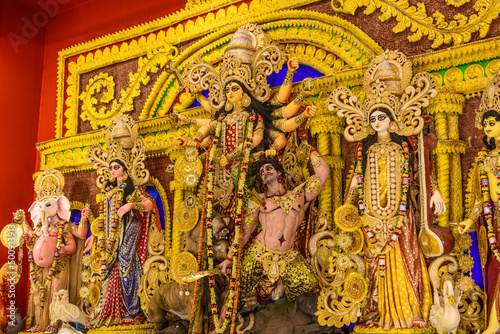 Goddess Durga idol at Durga Puja pandal in Kolkata, West Bengal, India. Durga Puja is one of the biggest religious festival of Hinduism