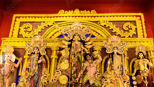 Goddess Durga idol at Durga Puja pandal in Kolkata, West Bengal, India. Durga Puja is one of the biggest religious festival of Hinduism photo