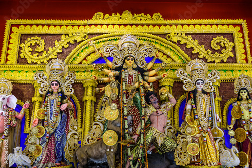 Goddess Durga idol at Durga Puja pandal in Kolkata, West Bengal, India. Durga Puja is one of the biggest religious festival of Hinduism