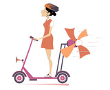 Cheerful woman in helmet rides on scooter illustration. Smiling young woman rides on an ecologically clean urban vehicle tries to ride faster using a propeller isolated on white background