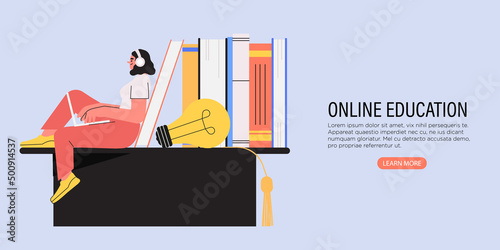 Female student learn online at home. Character sit on graduate cap and study with exercise books. Online self education concept. Flat vector illustration. New career courses or educational class.