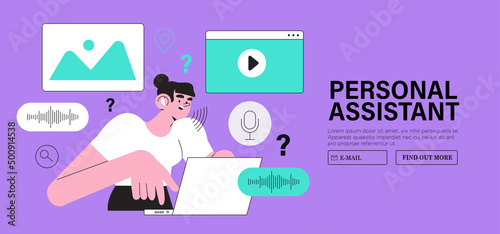 Voice recognition concept. Woman with laptop use voice assistant application in office or working at home. Smart speaker apps, office controller, hands-free phone calling, voice command software.