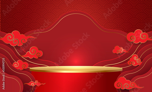 Podium and background for Chinese new year,Chinese Festivals, Mid Autumn Festival , flower and asian elements on background.	