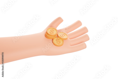 Top view cartoon character hand with gold dollar coins isolated over white background. Success invest profit concept.