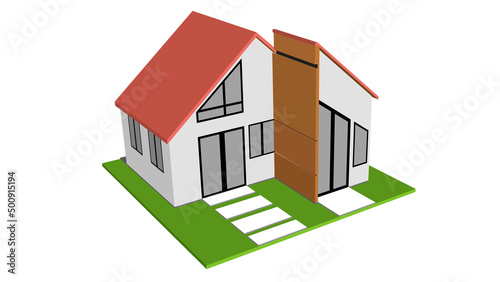 Isomatic of Nordic House use metal sheet for roof. Color scheme around the house is light gray. Windows and doors are made of steel and glass frames. with green grass. On isolated white background.