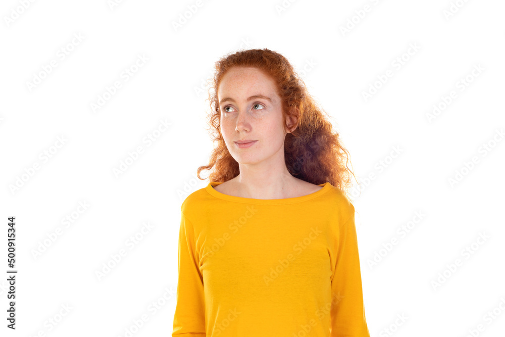Close-up cheerful attractive redhead girl long healthy hair smiling camera Close-up cheerful attractive redhead girl long healthy hair smiling camera