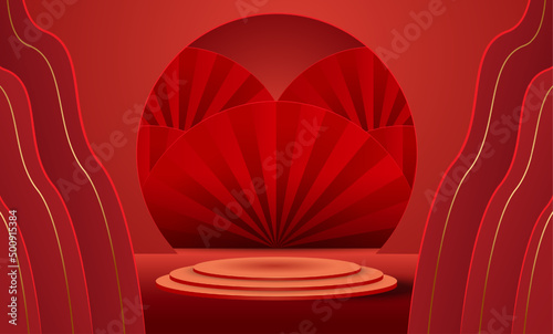 Podium and background for Chinese new year,Chinese Festivals, Mid Autumn Festival , flower and asian elements on background.	