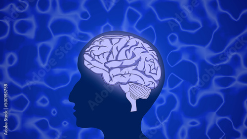 Human Brain and silhouette Head and Blue Glowing Background