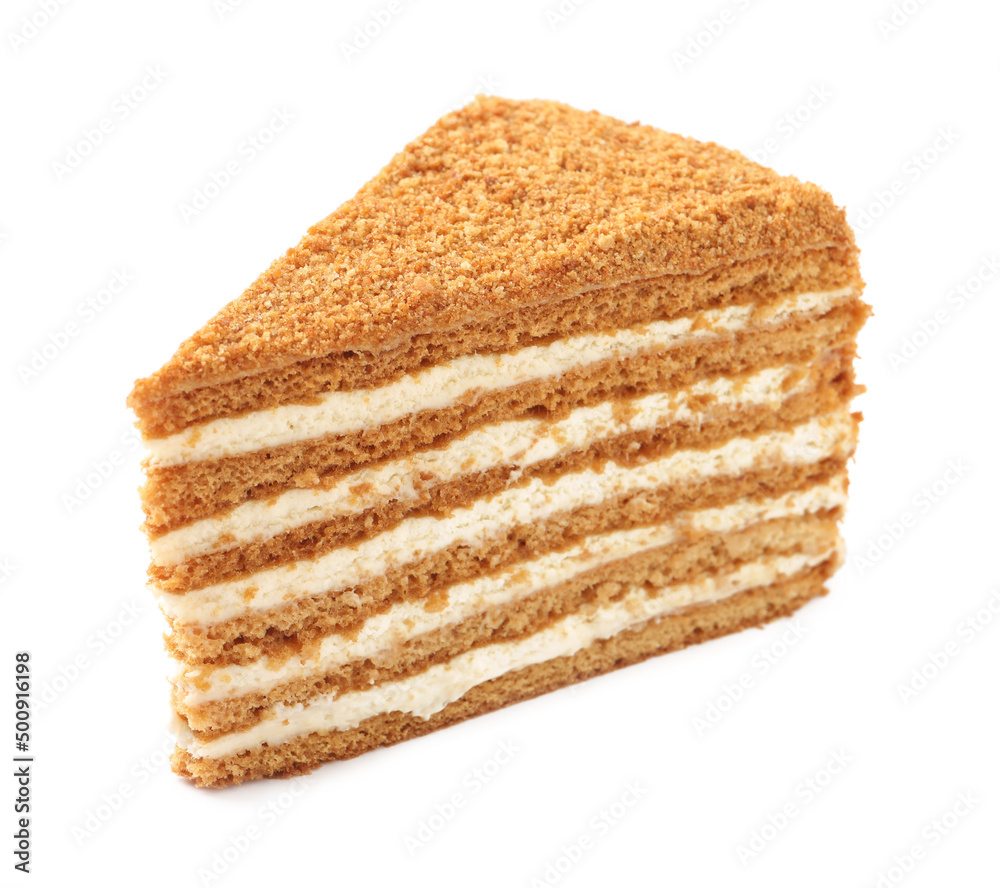 Slice of delicious layered honey cake isolated on white Slice of delicious layered honey cake isolated on white