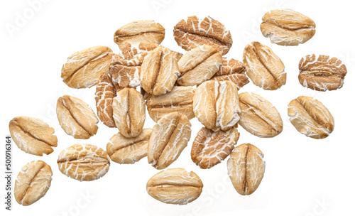 Mix of oat and rye flakes isolated on white, top view