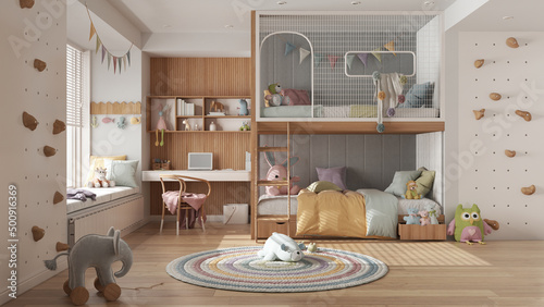 Modern children bedroom with bunk bed in white and pastel tones, parquet floor, big window with bench and blinds, desk, carpet with toys, pillows and duvet. Cozy interior design photo