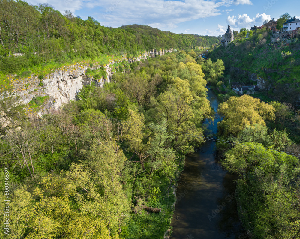 View from Novoplanivskiy Bridge to the Smotrych River Canyon, Kamianets-Podilskyi, one of the most popular towns for travel in Ukraine.