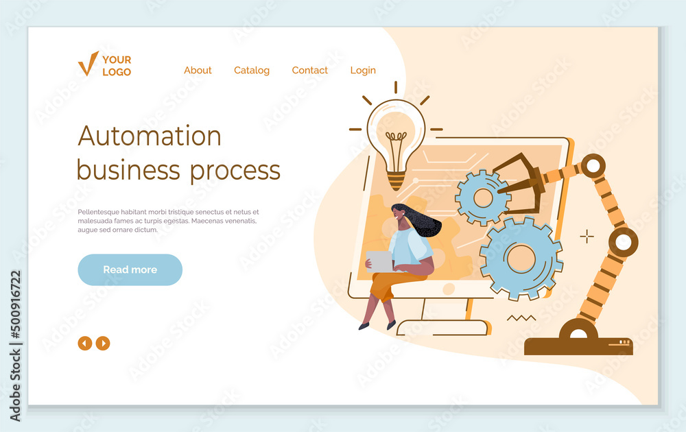 Automation business process landing page template. Company strategy. Work organization. Project management, software development. Automated business system concept with computer that builds robot arms Automation business process landing page template. Company strategy. Work organization. Project management, software development. Automated business system concept with computer that builds robot arms