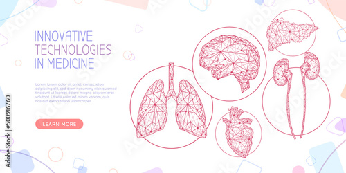 Set of polygonal human organs made of red lines and dots. Medical research of human body, innovative approach concept. Anatomy, diagnostics of body systems. Brain, kidney, liver, lung, stomach, heart