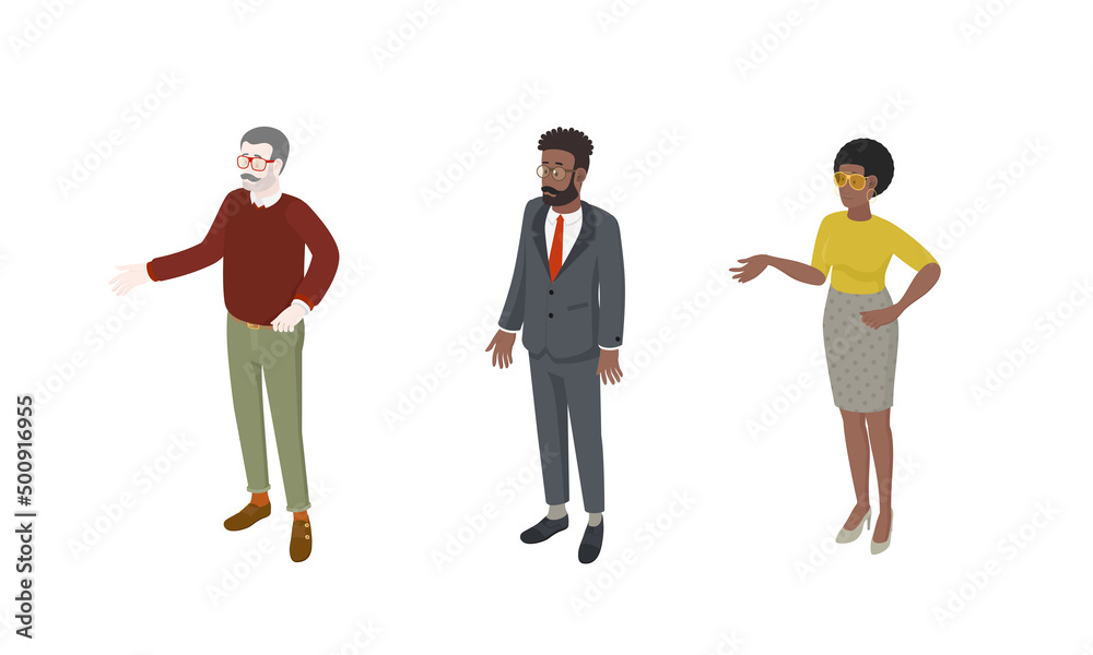 Fototapeta premium Set of different isometric people on white. Vector illustration flat design isolated. Male and female characters. Office and casual clothes.