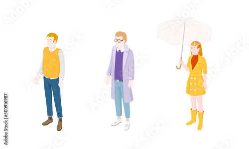 Set of different isometric people on white. Vector illustration flat design isolated. Male and female characters. Office and casual clothes.