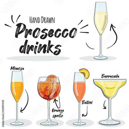 Hand Drawn Colorful Prosecco Drinks Set Mimosa Bellini Barracuda Orange spritz