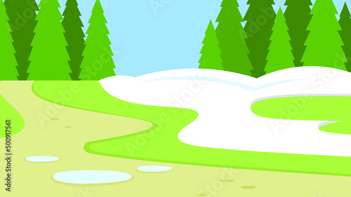 Spring forest glade in melting snow