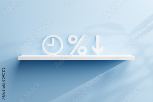 symbols clock, percent, arrow down on a blue background, 3D image. the concept of lowering the interest rate over time