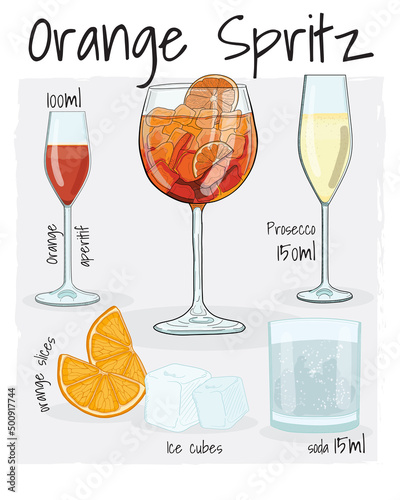 Hand Drawn Colorful Orange Spritz Summer Cocktail Drink with Ingredients