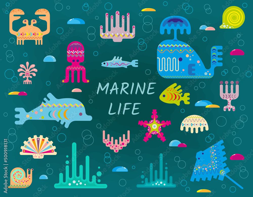 Obraz premium Set of stylized marine inhabitants in the underwater world
