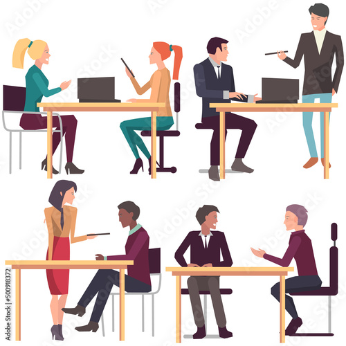 Businesspeople have project strategy planning meeting. Teamwork with business plan, creating new creative project. Meeting to discuss starting business. Colleagues discussing work in entrepreneurship
