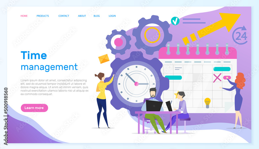 Effective time management, teamwork, planning training activities, organization, working plan concept. Website template landing page flat style. Colleagues create work schedule, monthly plan