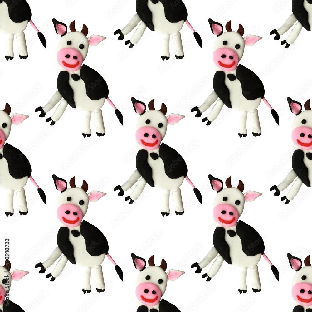 Obraz premium Seamless pattern spotted cow made of airy plasticine in cartoon style on a white background