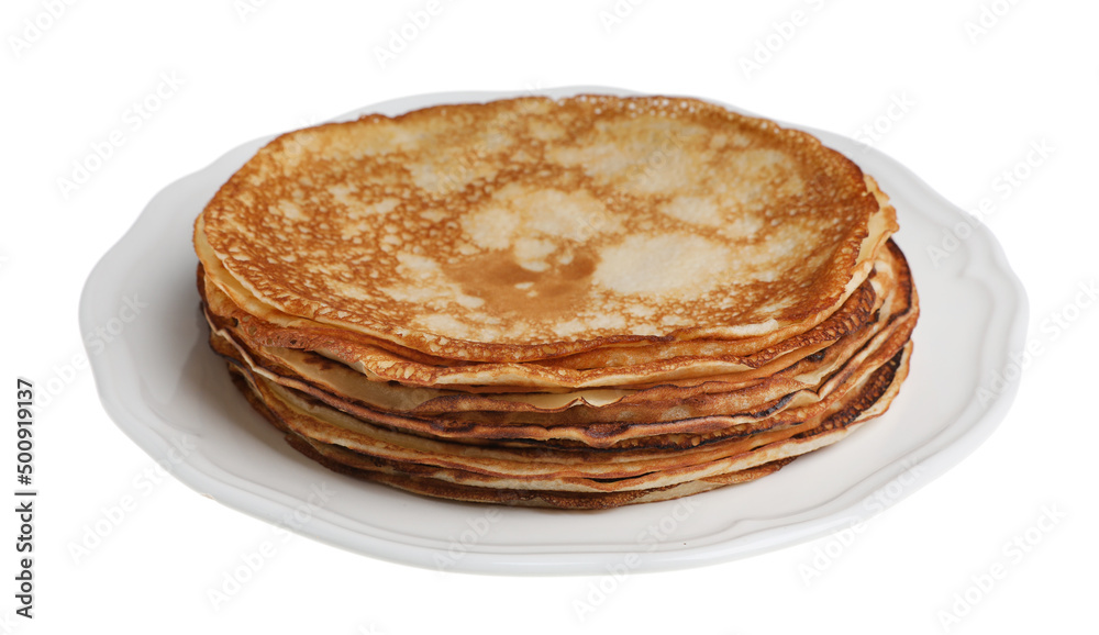 Stack of delicious crepes on plate against white background Stack of delicious crepes on plate against white background